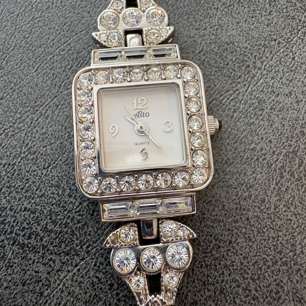 Silver Tone Rhinestone signed Alto Watch Bracelet